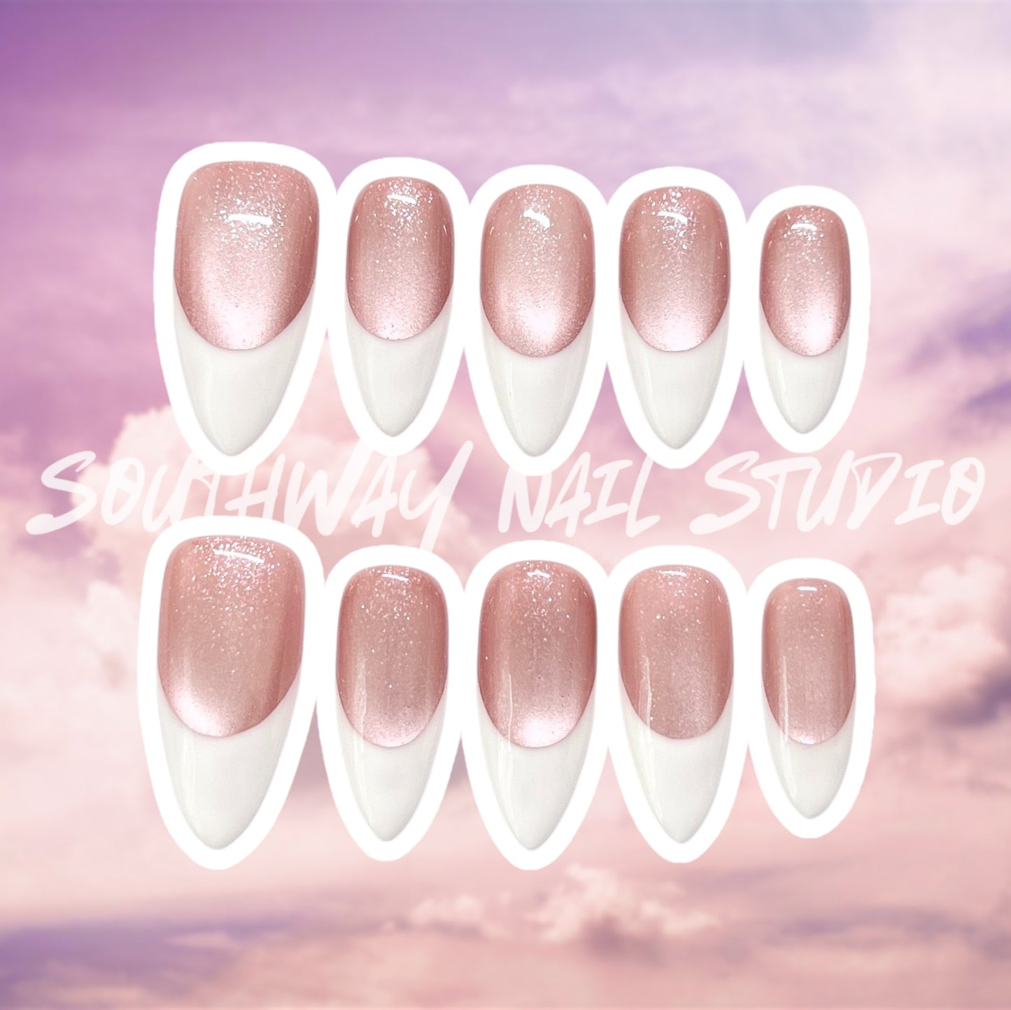 Pink Cat Eye White French Tip Press On Nails
