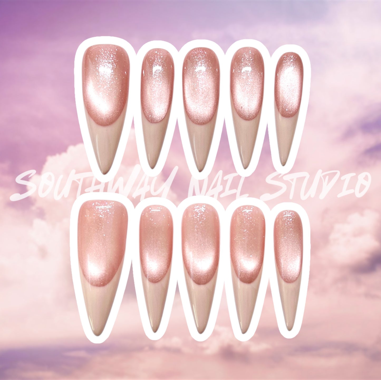 Pastel Pink Cat Eye French Tip Press On Nails