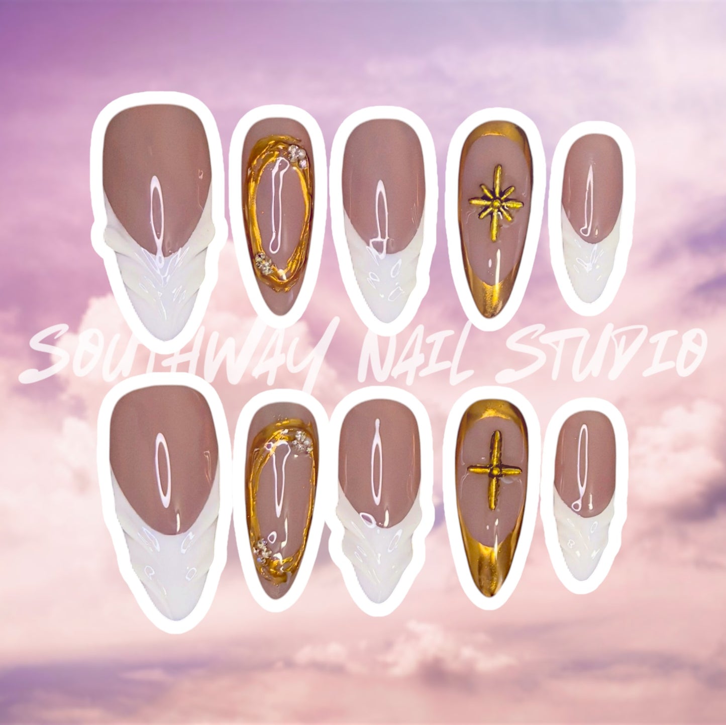 Gold Accent White French Tip 3D Press On Nails