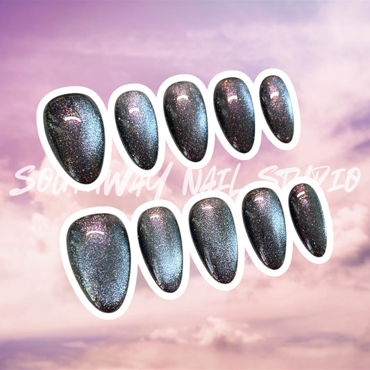 Galaxy Blue Purple Cat Eye Press On Nails