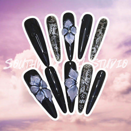 3D Floral Black Lace Press On Nails