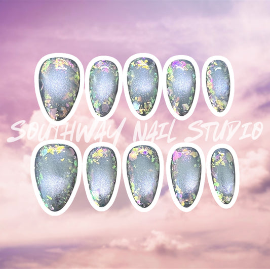 Silver CatEye Glitter Press On Nails