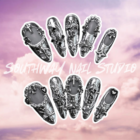 Chrome Silver Heart Cross Press On Nails