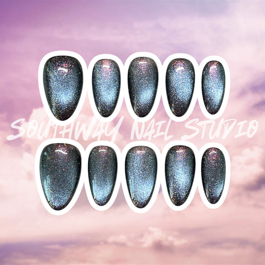 Galaxy Blue Purple Cat Eye Press On Nails