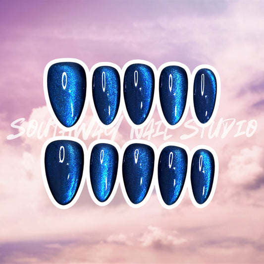 Ocean Blue Cat Eye Press On Nails