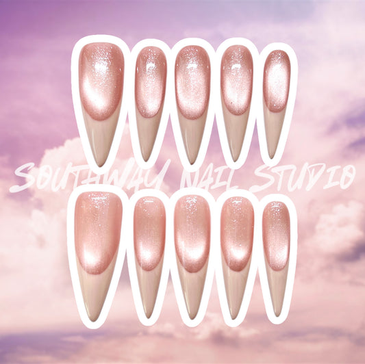 Pastel Pink Cat Eye French Tip Press On Nails