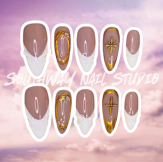 Gold Accent White French Tip 3D Press On Nails