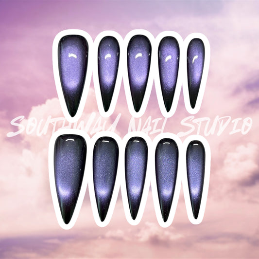 Galaxy Purple Black Cat Eye Press On Nails