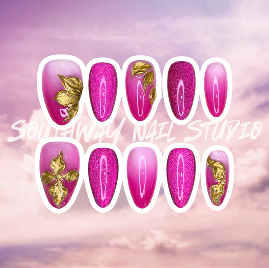 Pink 3D Gold Embossed Floral Cat Eye Press On Nails