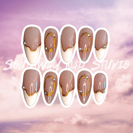 Gold Embossed White French Tip On Nails