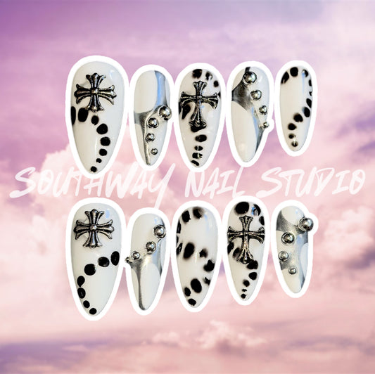 White Silver Chrome Cross Press On Nails