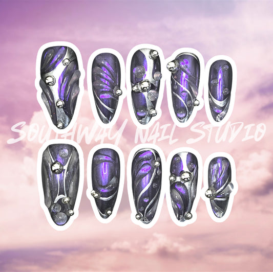 Cyber Silver Purple Chrome 3D Press On Nails